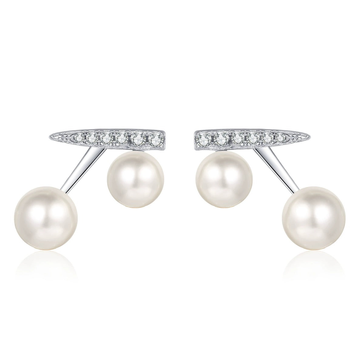 Cherry Pearl and Moissanite Stud Drop Earrings in Rhodium-Plated S925 sterling silver white background product photo showing the pair, stone shape, and stud earrings silhouette