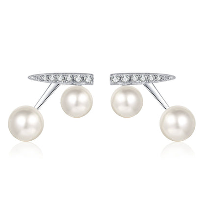Cherry Pearl and Moissanite Stud Drop Earrings in Rhodium-Plated S925 sterling silver white background product photo showing the pair, stone shape, and stud earrings silhouette
