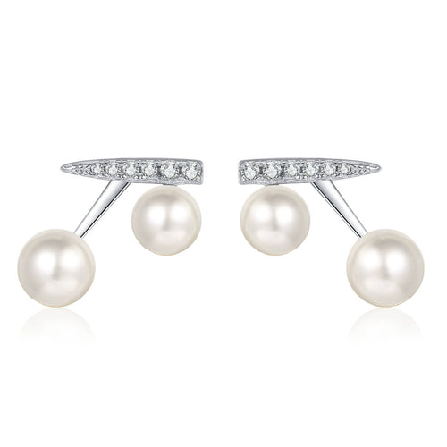 Cherry Pearl and Moissanite Stud Drop Earrings in Rhodium-Plated S925 sterling silver white background product photo showing the pair, stone shape, and stud earrings silhouette