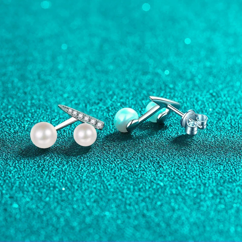 Cherry Pearl and Moissanite Stud Drop Earrings in Rhodium-Plated S925 sterling silver product scene view showing front sparkle