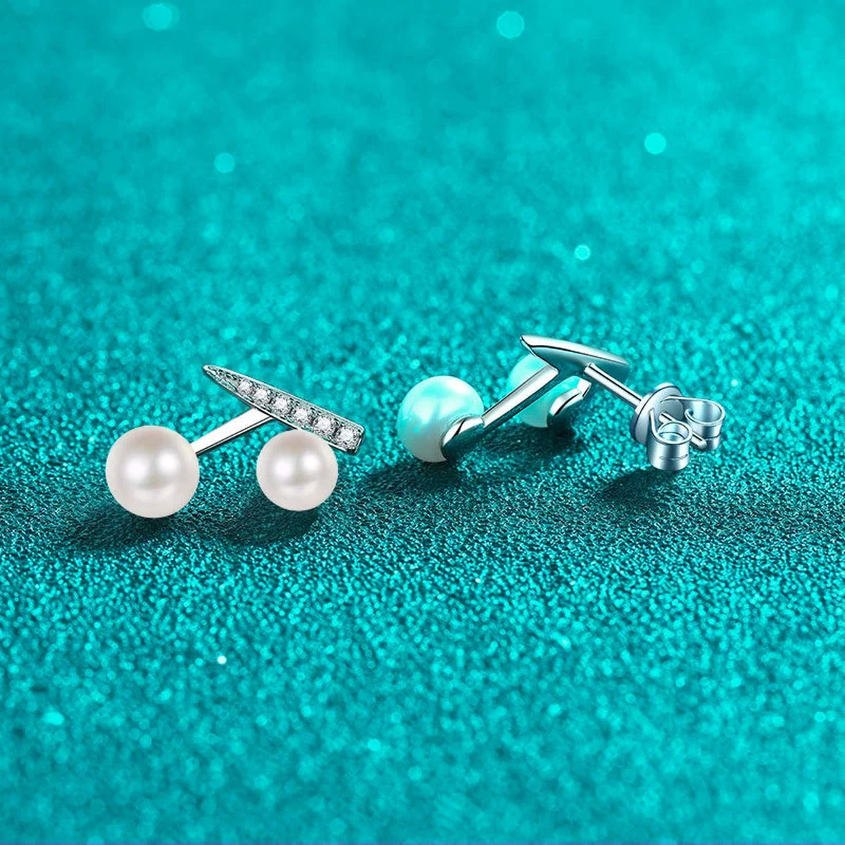 Cherry Pearl and Moissanite Stud Drop Earrings in Rhodium-Plated S925 sterling silver product scene view showing front sparkle