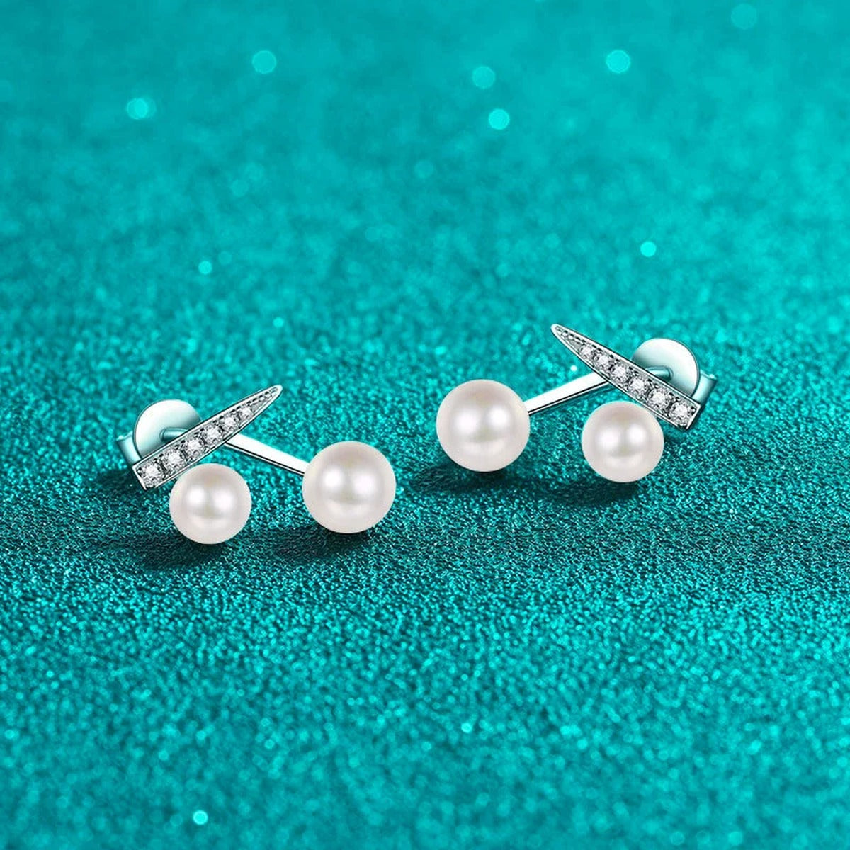 Cherry Pearl and Moissanite Stud Drop Earrings in Rhodium-Plated S925 sterling silver product scene view showing angled setting detail