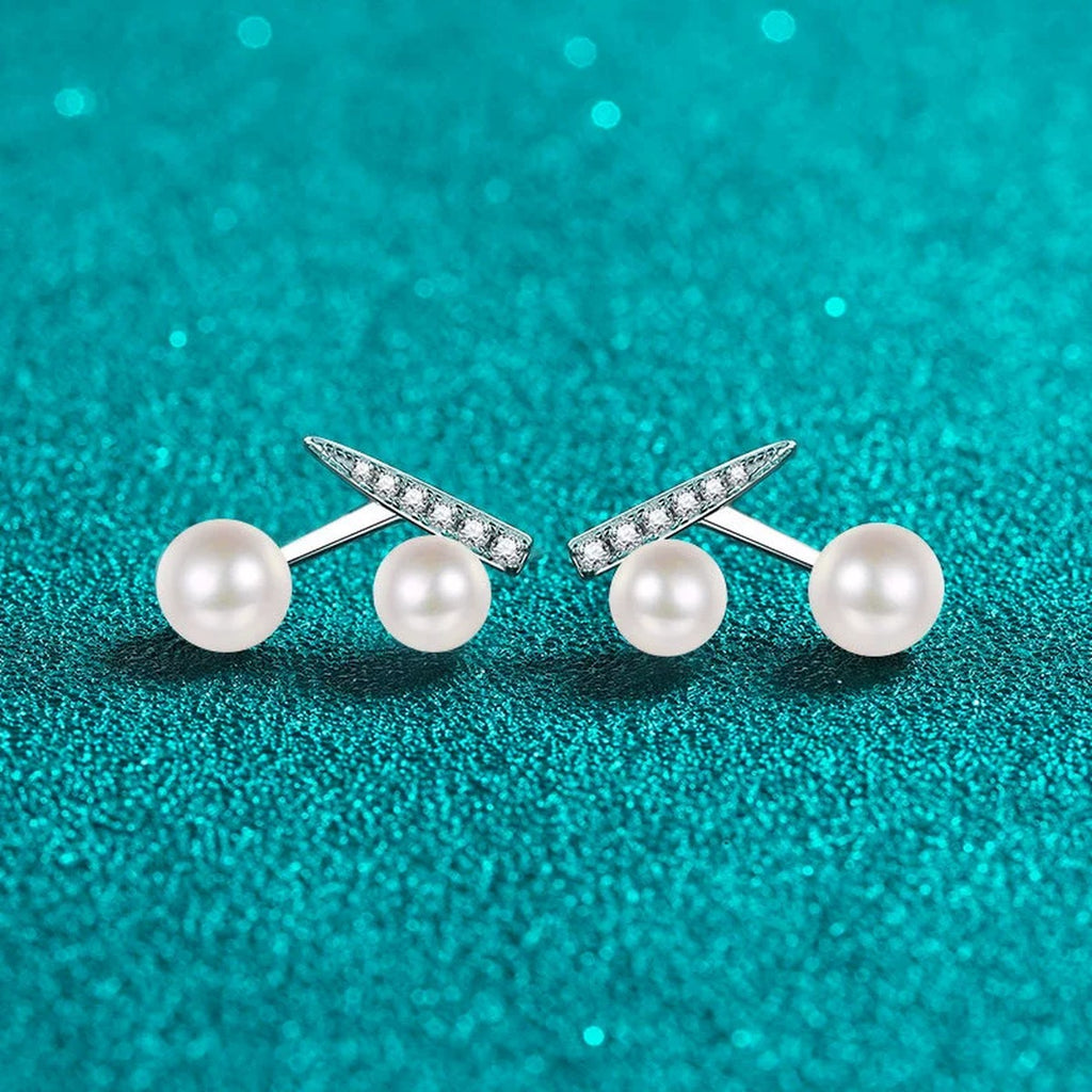 Cherry Pearl and Moissanite Stud Drop Earrings in Rhodium-Plated S925 sterling silver product scene view showing side profile