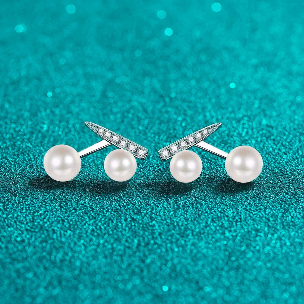 Cherry Pearl and Moissanite Stud Drop Earrings in Rhodium-Plated S925 sterling silver product scene view showing side profile