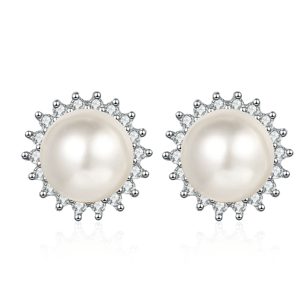 Pearl Halo Moissanite Stud Earrings in Rhodium-Plated S925 sterling silver white background product photo showing the pair, stone shape, and stud earrings silhouette