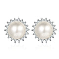Pearl Halo Moissanite Stud Earrings in Rhodium-Plated S925 sterling silver white background product photo showing the pair, stone shape, and stud earrings silhouette