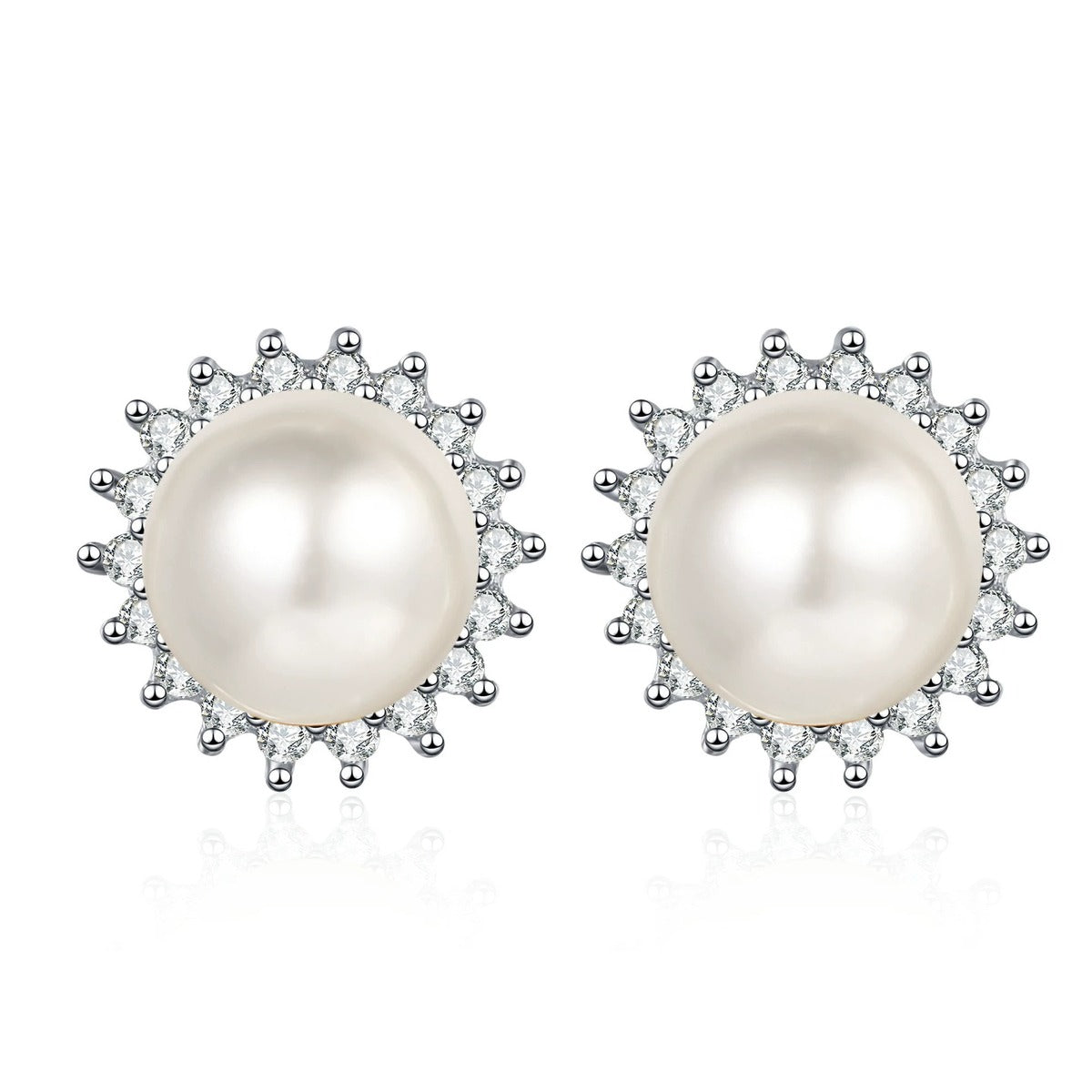 Pearl Halo Moissanite Stud Earrings in Rhodium-Plated S925 sterling silver white background product photo showing the pair, stone shape, and stud earrings silhouette