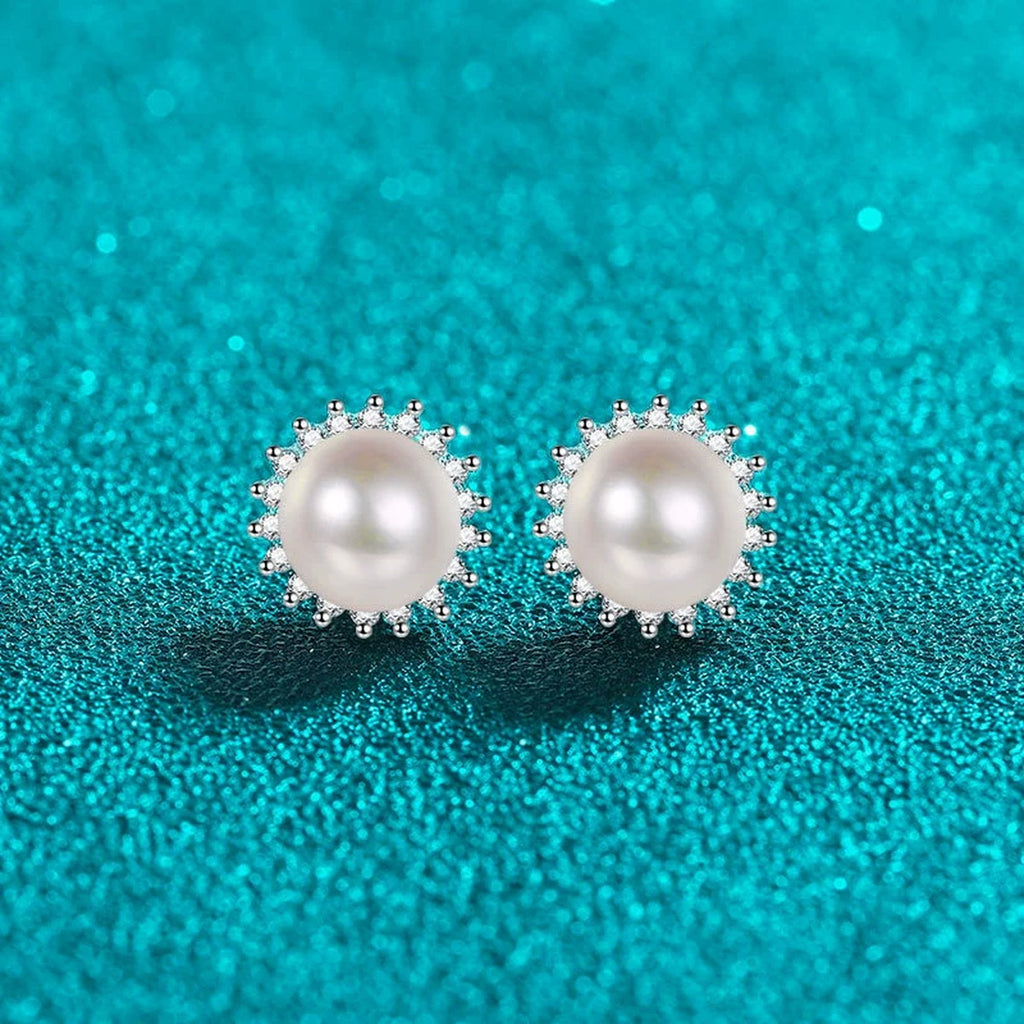 Pearl Halo Moissanite Stud Earrings in Rhodium-Plated S925 sterling silver product scene view showing front sparkle