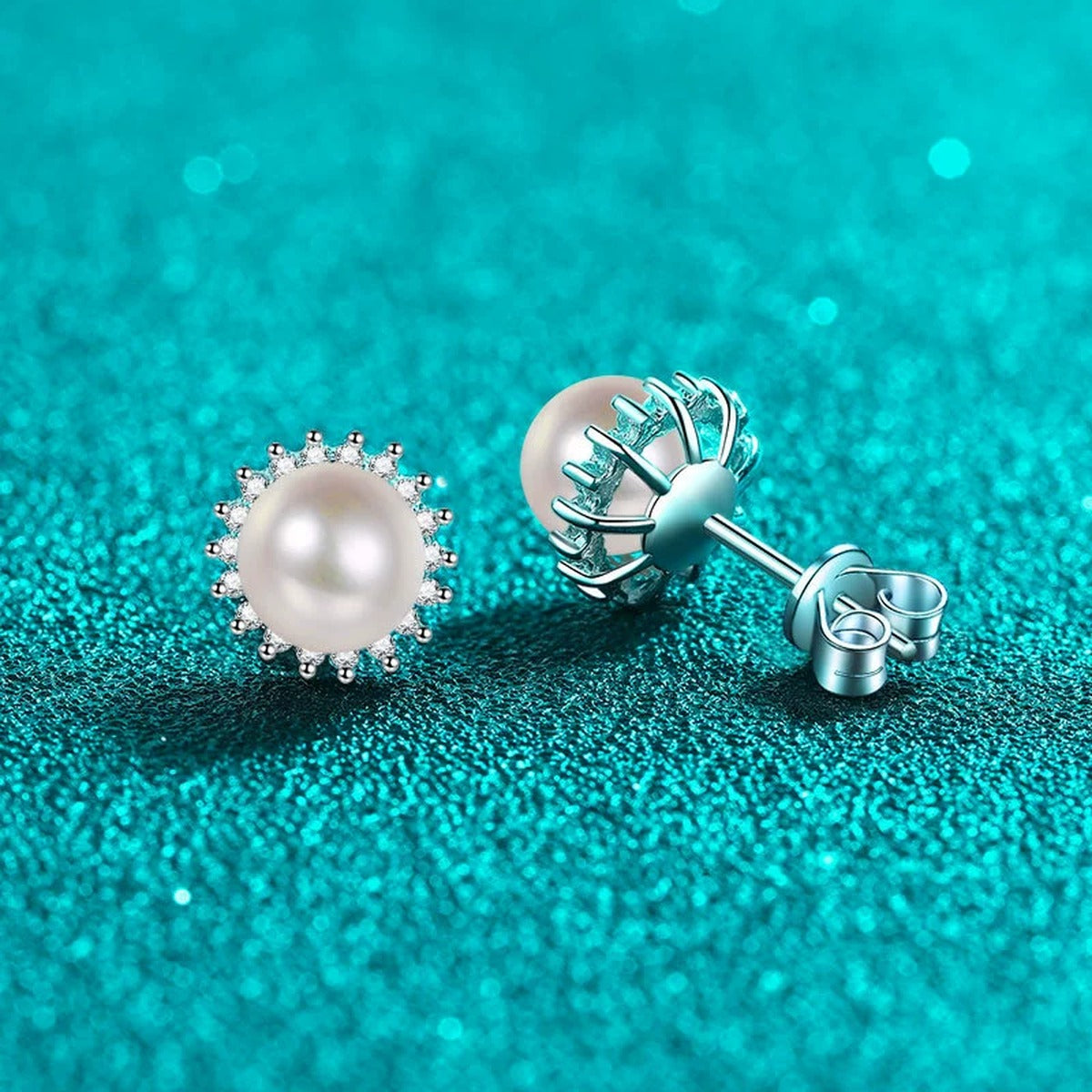 Pearl Halo Moissanite Stud Earrings in Rhodium-Plated S925 sterling silver product scene view showing angled setting detail