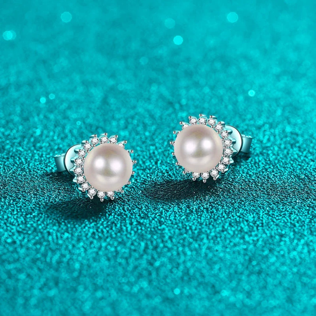 Pearl Halo Moissanite Stud Earrings in Rhodium-Plated S925 sterling silver product scene view showing side profile
