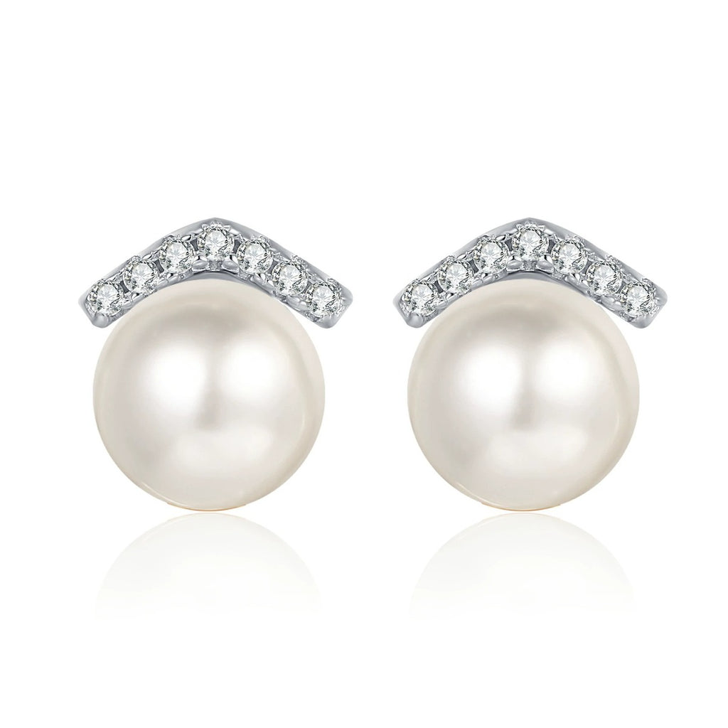 Pearl and Moissanite Bar Stud Earrings in Rhodium-Plated S925 sterling silver white background product photo showing the pair, stone shape, and stud earrings silhouette