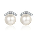 Pearl and Moissanite Bar Stud Earrings in Rhodium-Plated S925 sterling silver white background product photo showing the pair, stone shape, and stud earrings silhouette