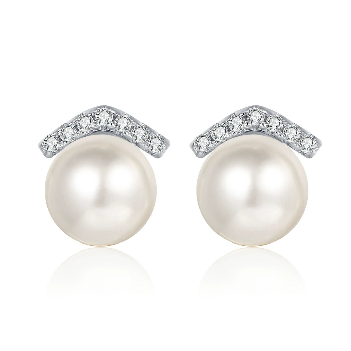 Pearl and Moissanite Bar Stud Earrings in Rhodium-Plated S925 sterling silver white background product photo showing the pair, stone shape, and stud earrings silhouette