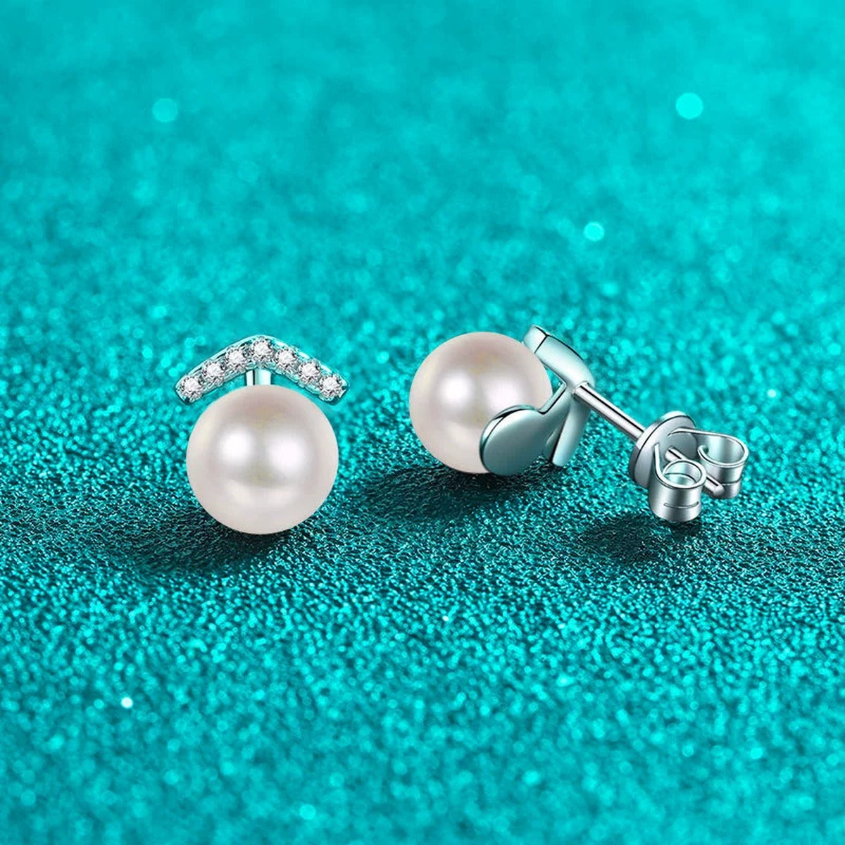 Pearl and Moissanite Bar Stud Earrings in Rhodium-Plated S925 sterling silver product scene view showing front sparkle