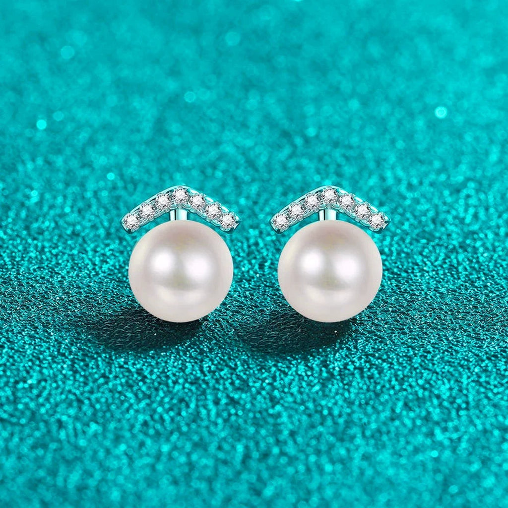Pearl and Moissanite Bar Stud Earrings in Rhodium-Plated S925 sterling silver product scene view showing angled setting detail