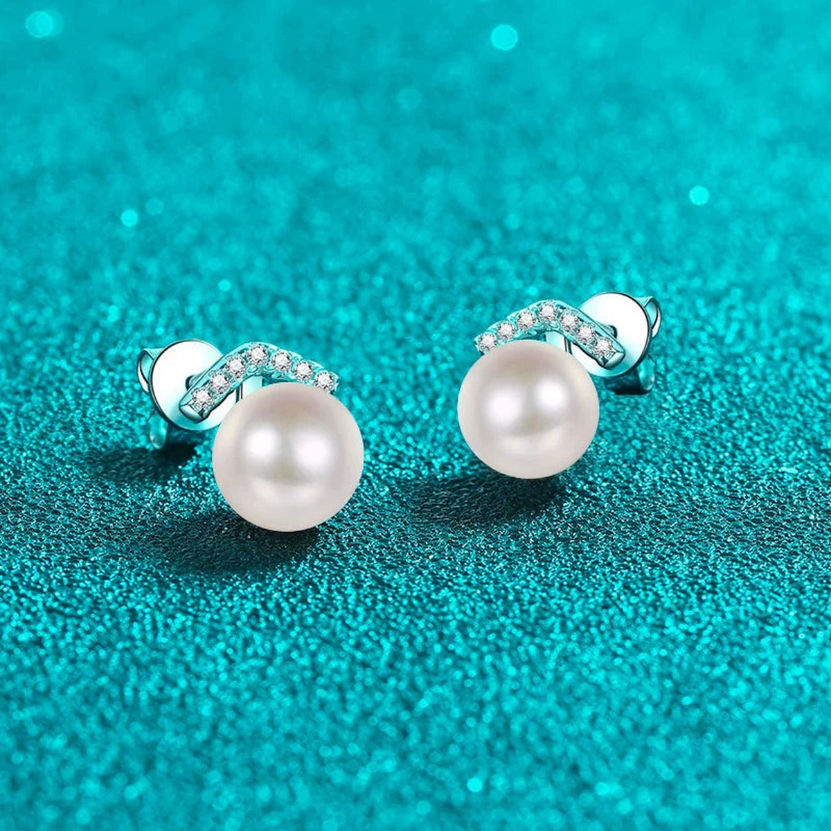 Pearl and Moissanite Bar Stud Earrings in Rhodium-Plated S925 sterling silver product scene view showing side profile