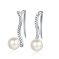 Pearl and Moissanite Hook Drop Earrings in Rhodium-Plated S925 sterling silver white background product photo showing the pair, stone shape, and hook drop earrings silhouette