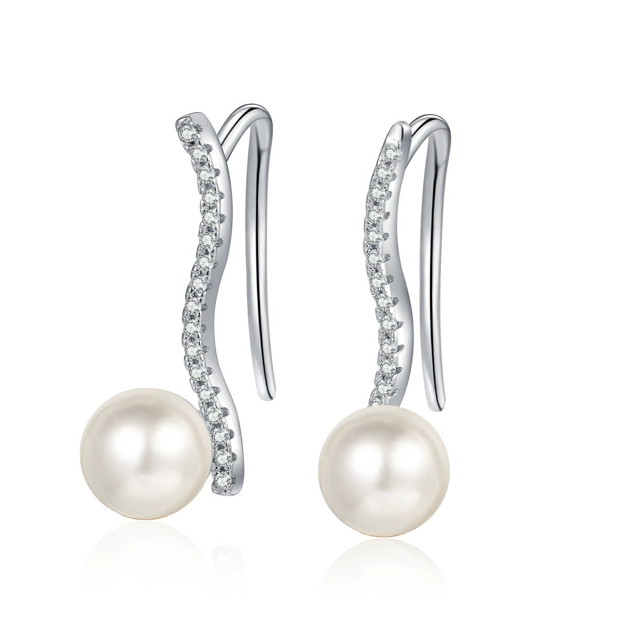 Pearl and Moissanite Hook Drop Earrings in Rhodium-Plated S925 sterling silver white background product photo showing the pair, stone shape, and hook drop earrings silhouette