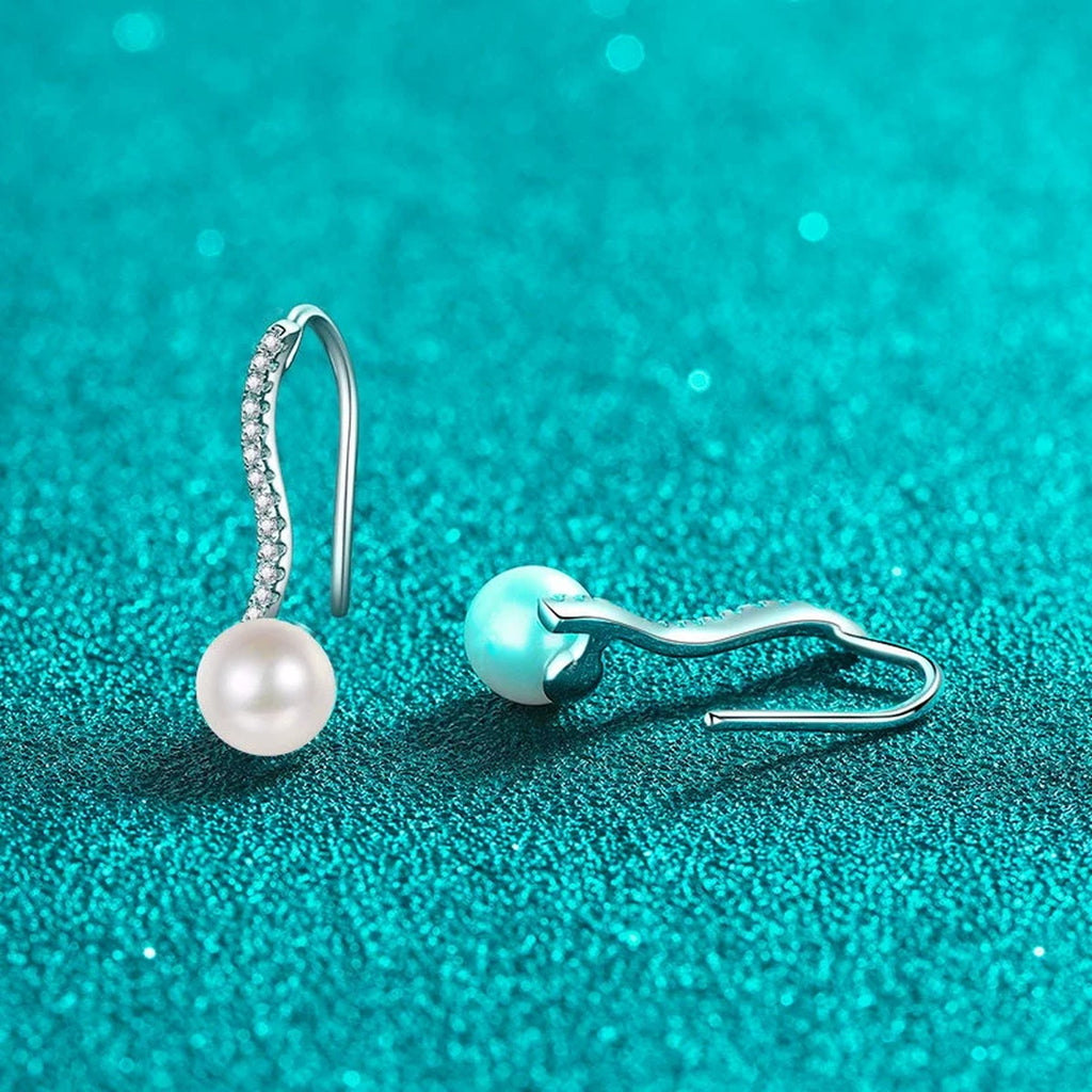 Pearl and Moissanite Hook Drop Earrings in Rhodium-Plated S925 sterling silver product scene view showing front sparkle