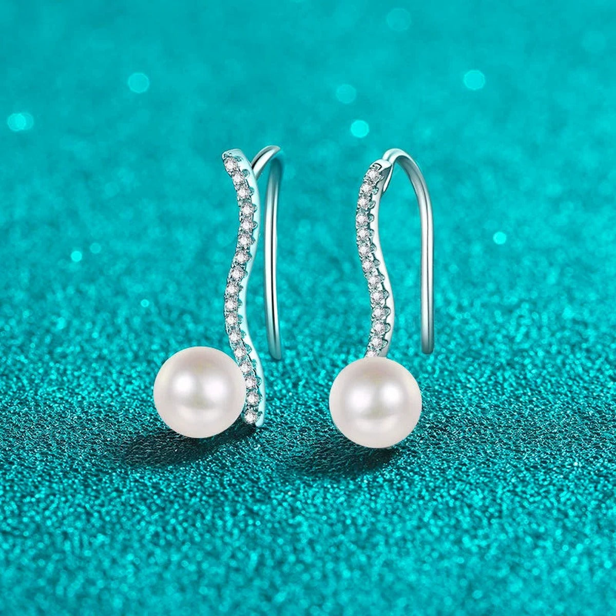 Pearl and Moissanite Hook Drop Earrings in Rhodium-Plated S925 sterling silver product scene view showing angled setting detail