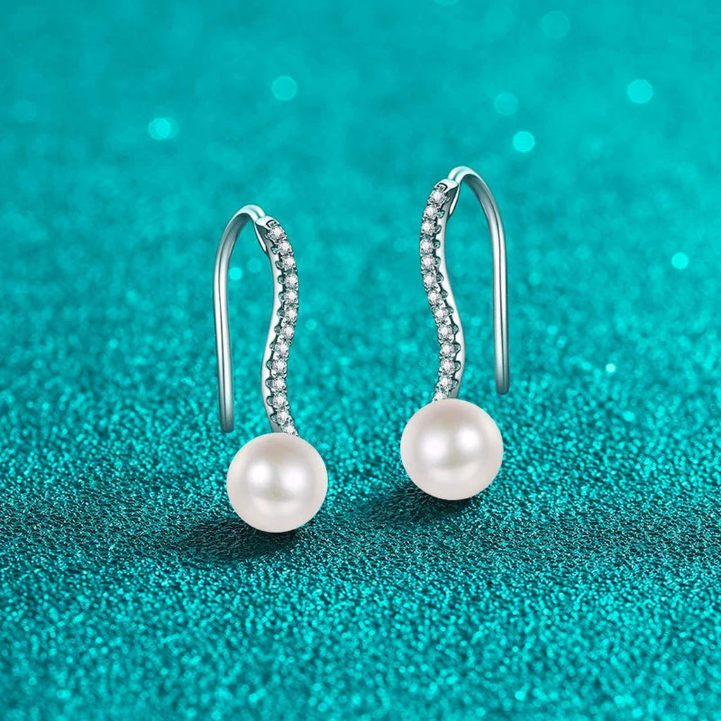 Pearl and Moissanite Hook Drop Earrings in Rhodium-Plated S925 sterling silver product scene view showing side profile