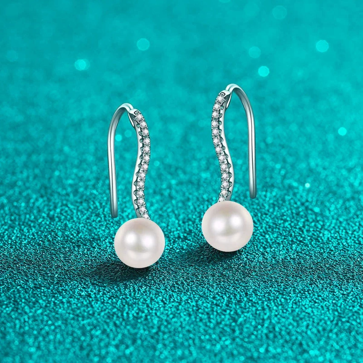 Pearl and Moissanite Hook Drop Earrings in Rhodium-Plated S925 sterling silver product scene view showing side profile