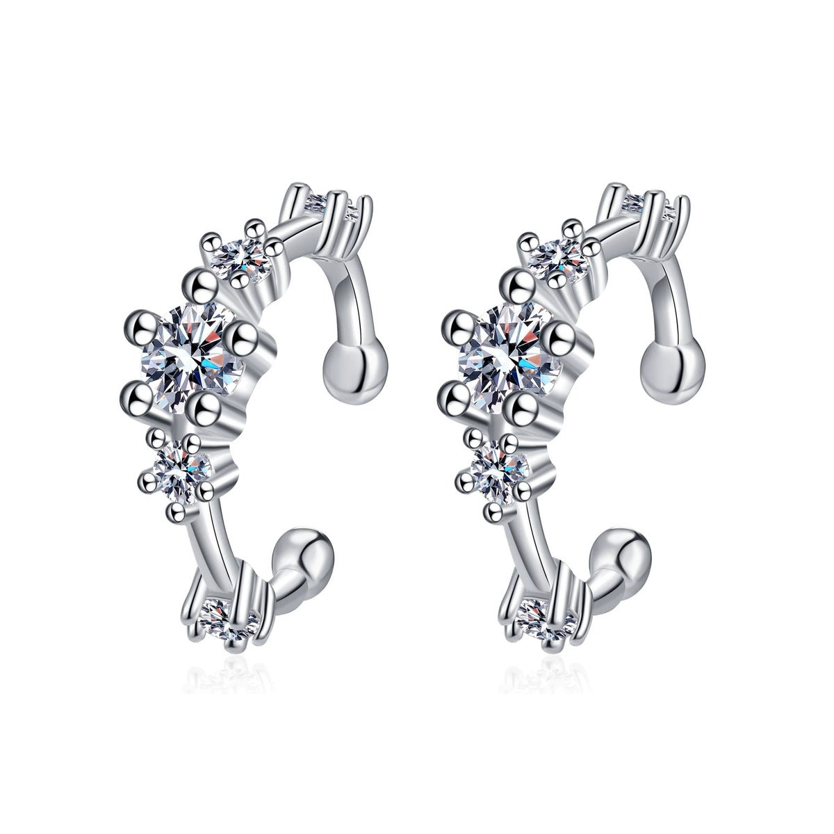 Pave Moissanite Ear Cuff Earrings in Rhodium-Plated S925 sterling silver white background product photo showing the pair, stone shape, and ear cuff earrings silhouette