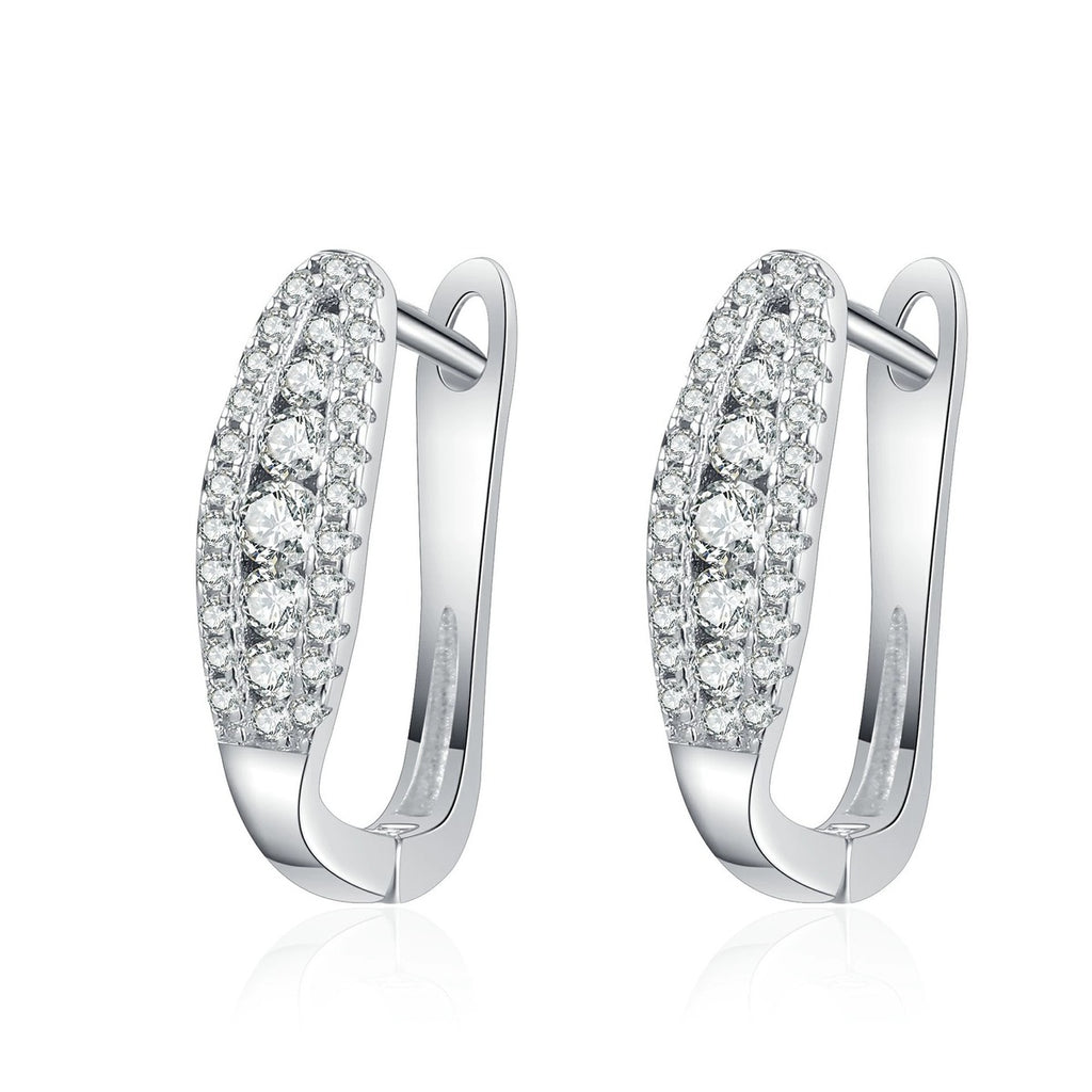 Pavé Moissanite Hoop Earrings in Rhodium-Plated S925 sterling silver white background product photo showing the pair, stone shape, and hoop earrings silhouette