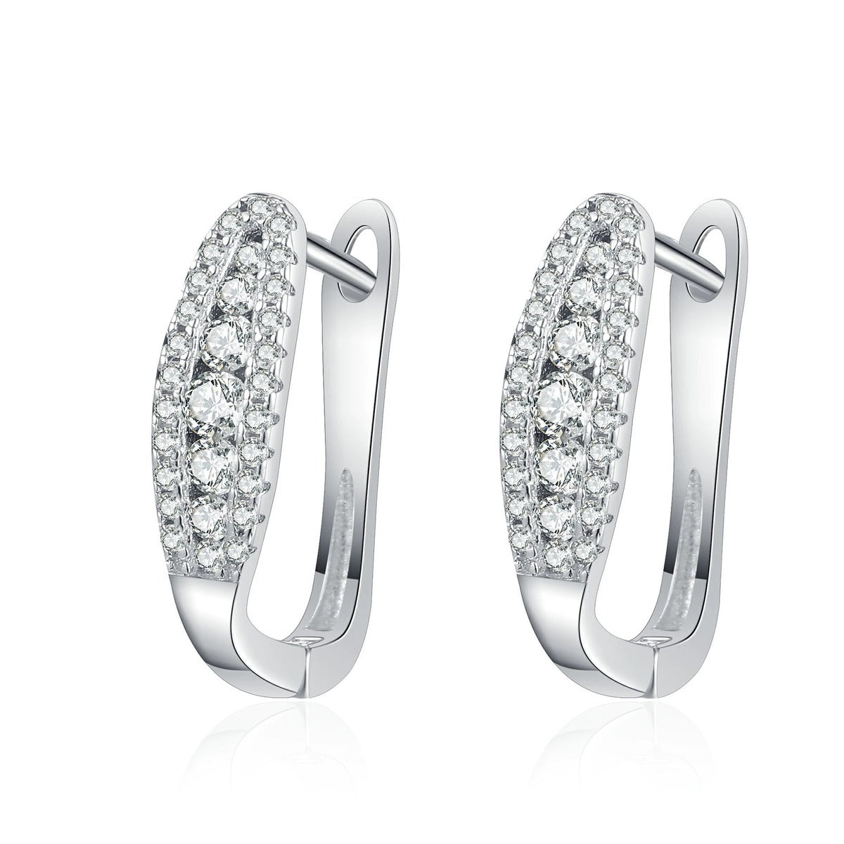 Pavé Moissanite Hoop Earrings in Rhodium-Plated S925 sterling silver white background product photo showing the pair, stone shape, and hoop earrings silhouette