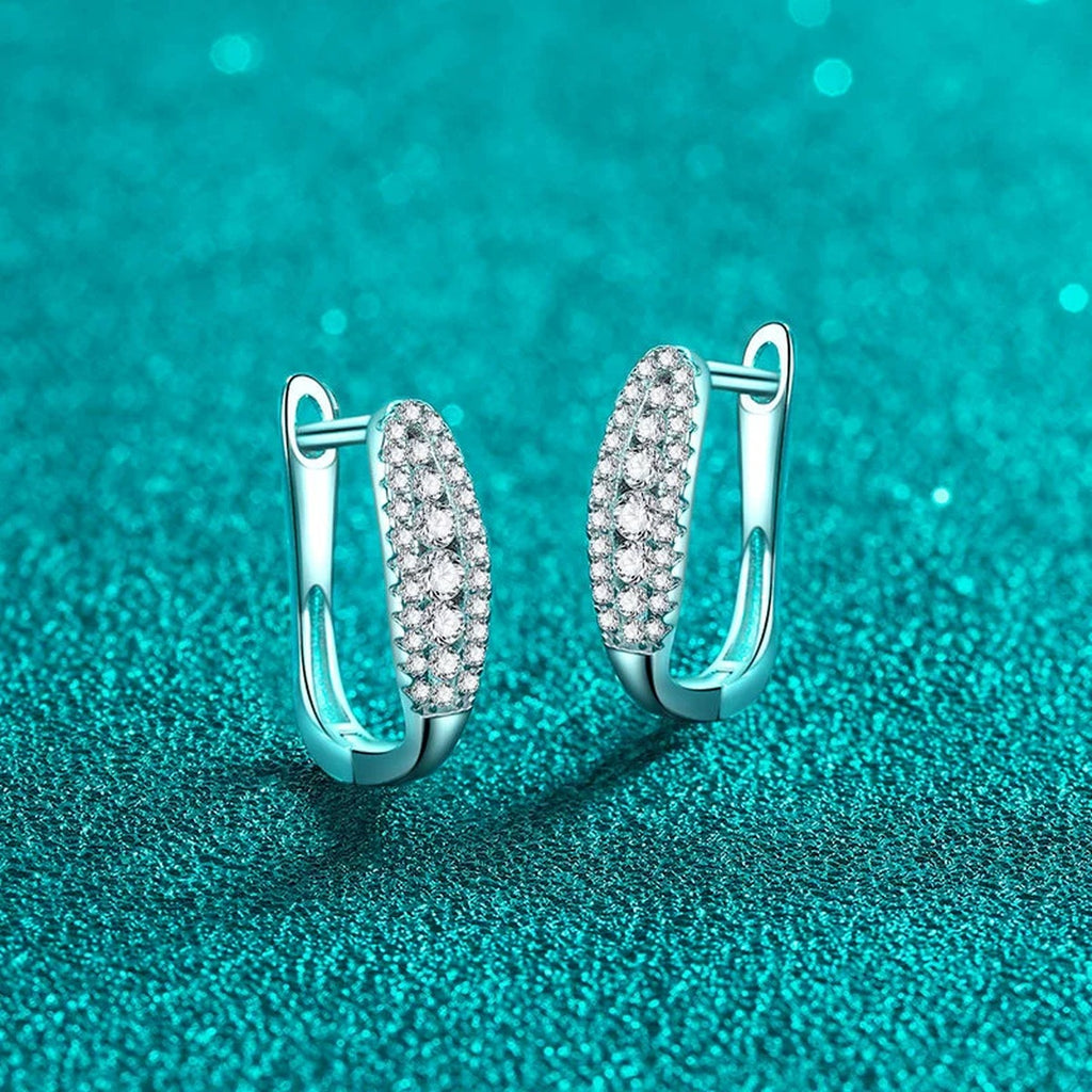 Pavé Moissanite Hoop Earrings in Rhodium-Plated S925 sterling silver product scene view showing angled setting detail