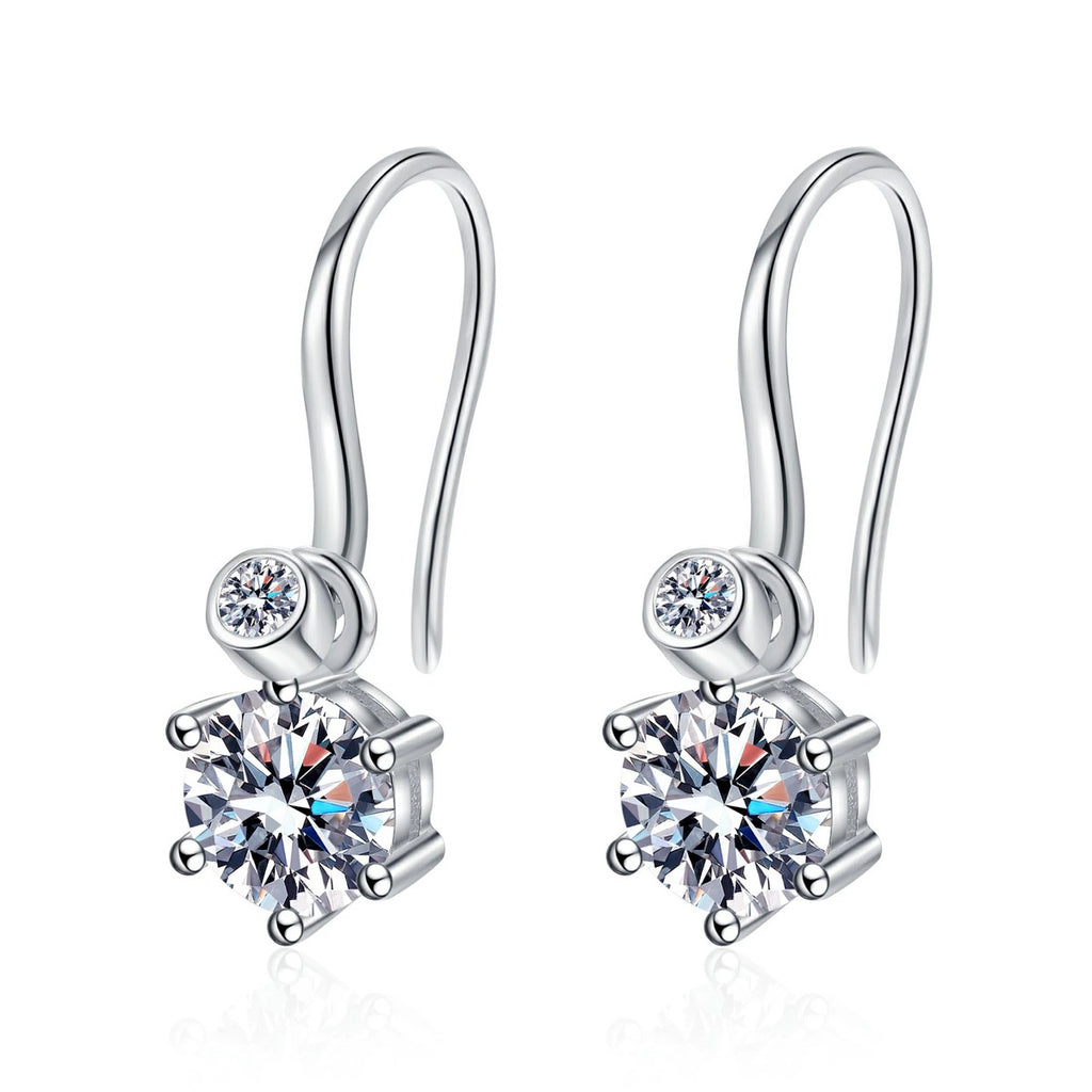 Round Moissanite Hook Drop Earrings in Rhodium-Plated S925 sterling silver white background product photo showing the pair, stone shape, and hook drop earrings silhouette