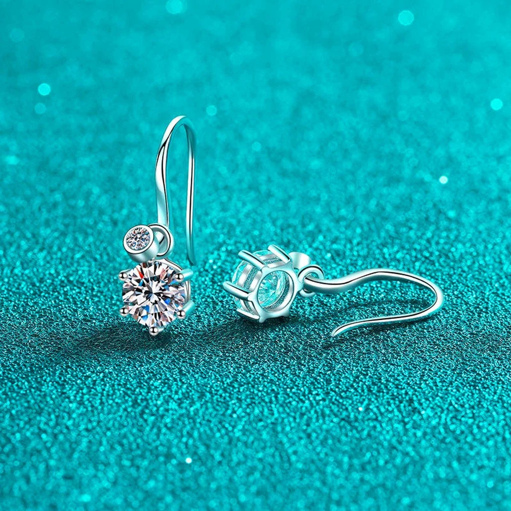 Round Moissanite Hook Drop Earrings in Rhodium-Plated S925 sterling silver product scene view showing front sparkle