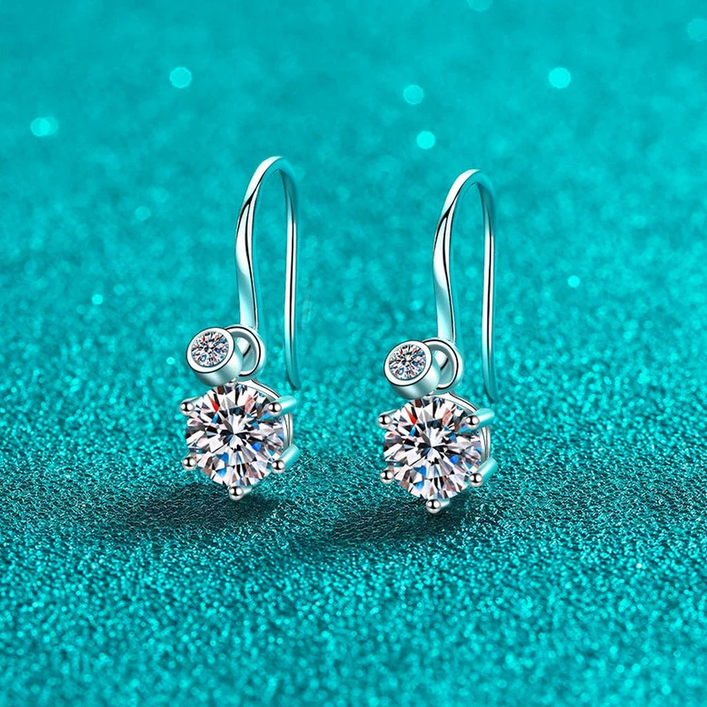Round Moissanite Hook Drop Earrings in Rhodium-Plated S925 sterling silver product scene view showing angled setting detail
