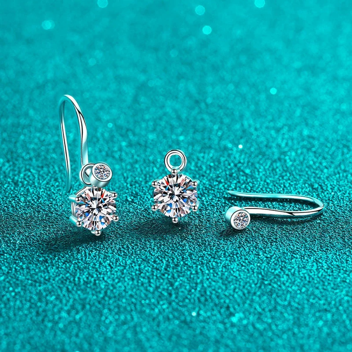 Round Moissanite Hook Drop Earrings in Rhodium-Plated S925 sterling silver product scene view showing side profile