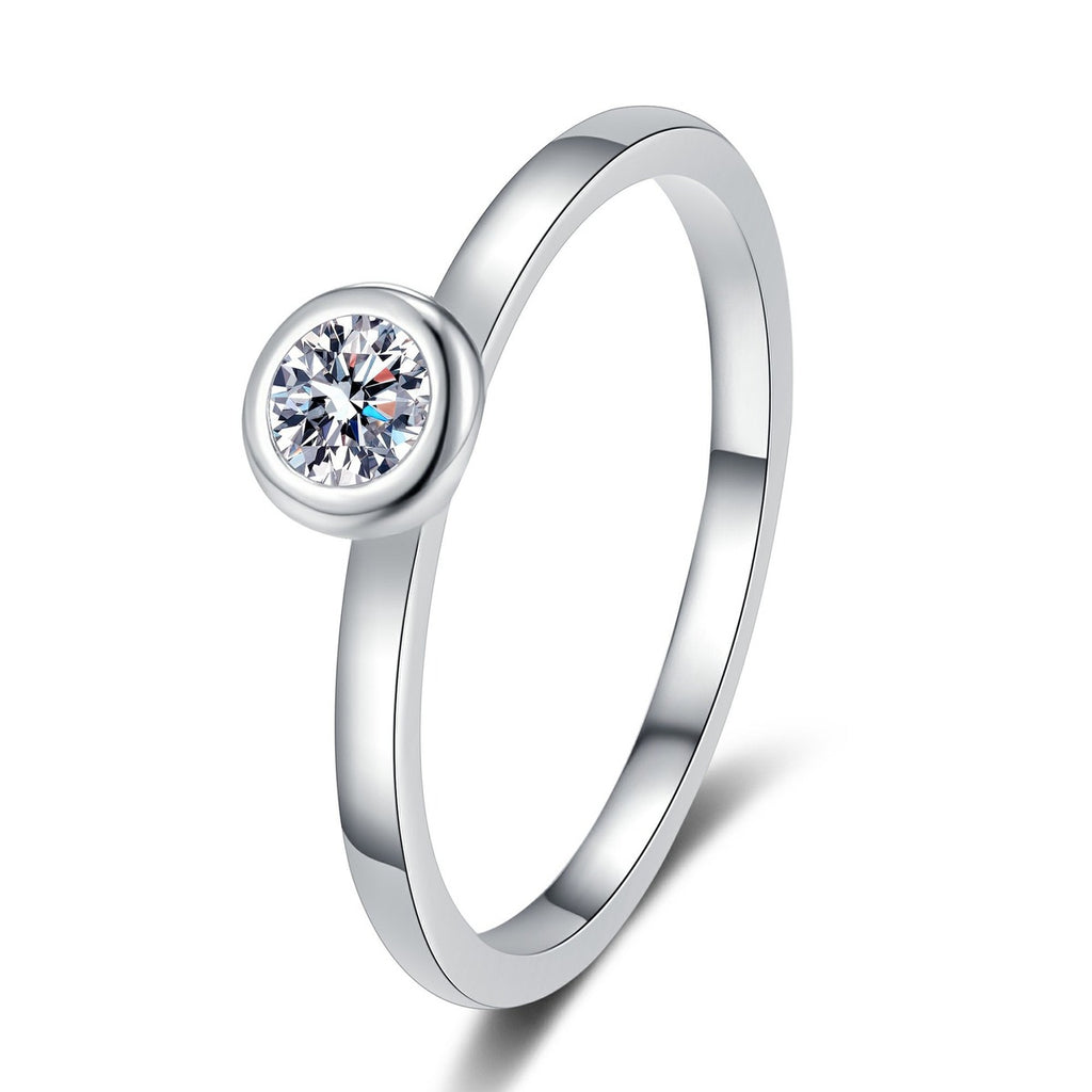 Round Moissanite Solitaire Ring in rhodium-plated S925 sterling silver on clean white background