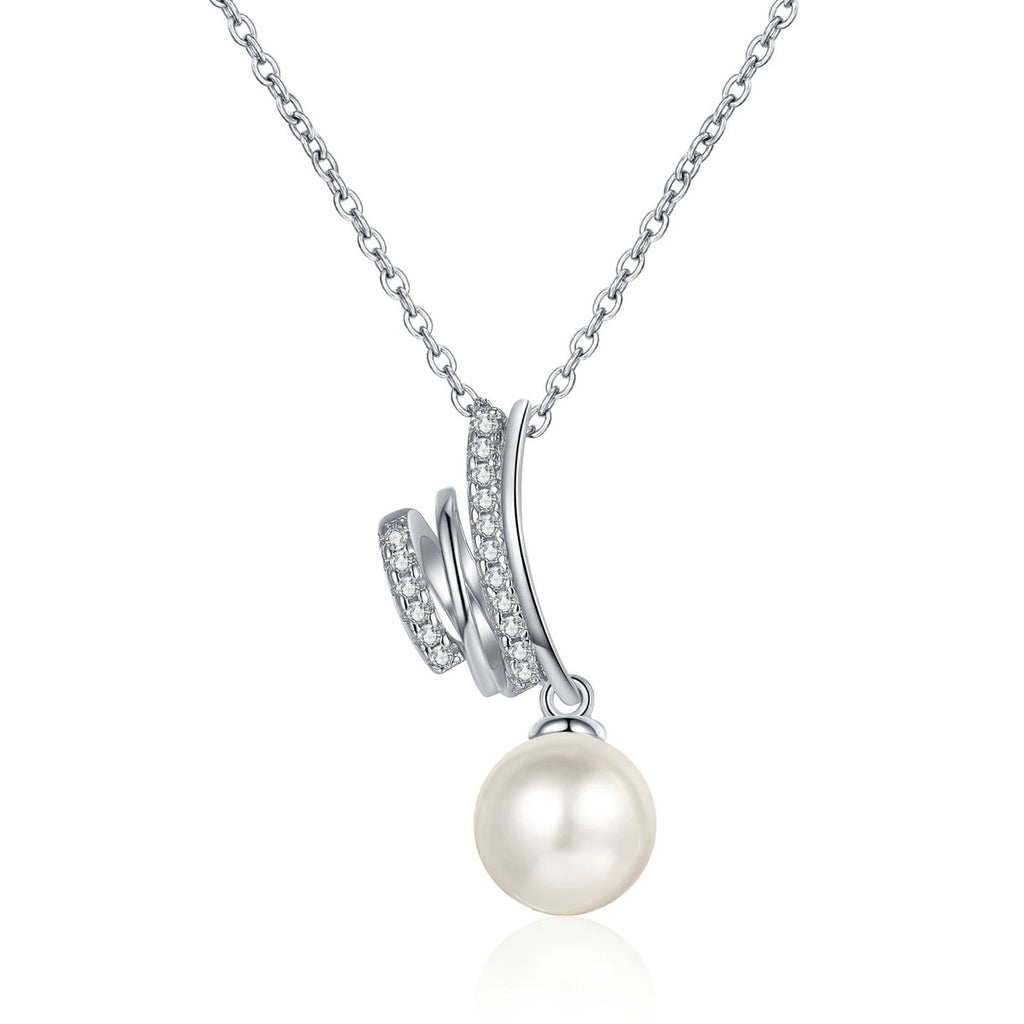 Triple Line Moissanite Pearl Pendant Necklace in Rhodium-Plated S925 sterling silver white background product photo showing triple-line pearl pendant with small round moissanite accents