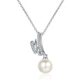 Triple Line Moissanite Pearl Pendant Necklace in Rhodium-Plated S925 sterling silver white background product photo showing triple-line pearl pendant with small round moissanite accents