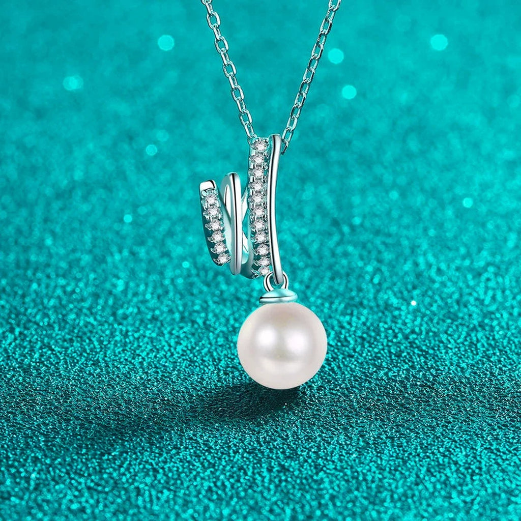 Triple Line Moissanite Pearl Pendant Necklace in Rhodium-Plated S925 sterling silver close-up product scene showing pendant setting