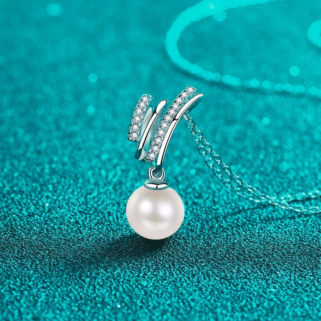 Triple Line Moissanite Pearl Pendant Necklace in Rhodium-Plated S925 sterling silver blue display scene showing chain and stone layout
