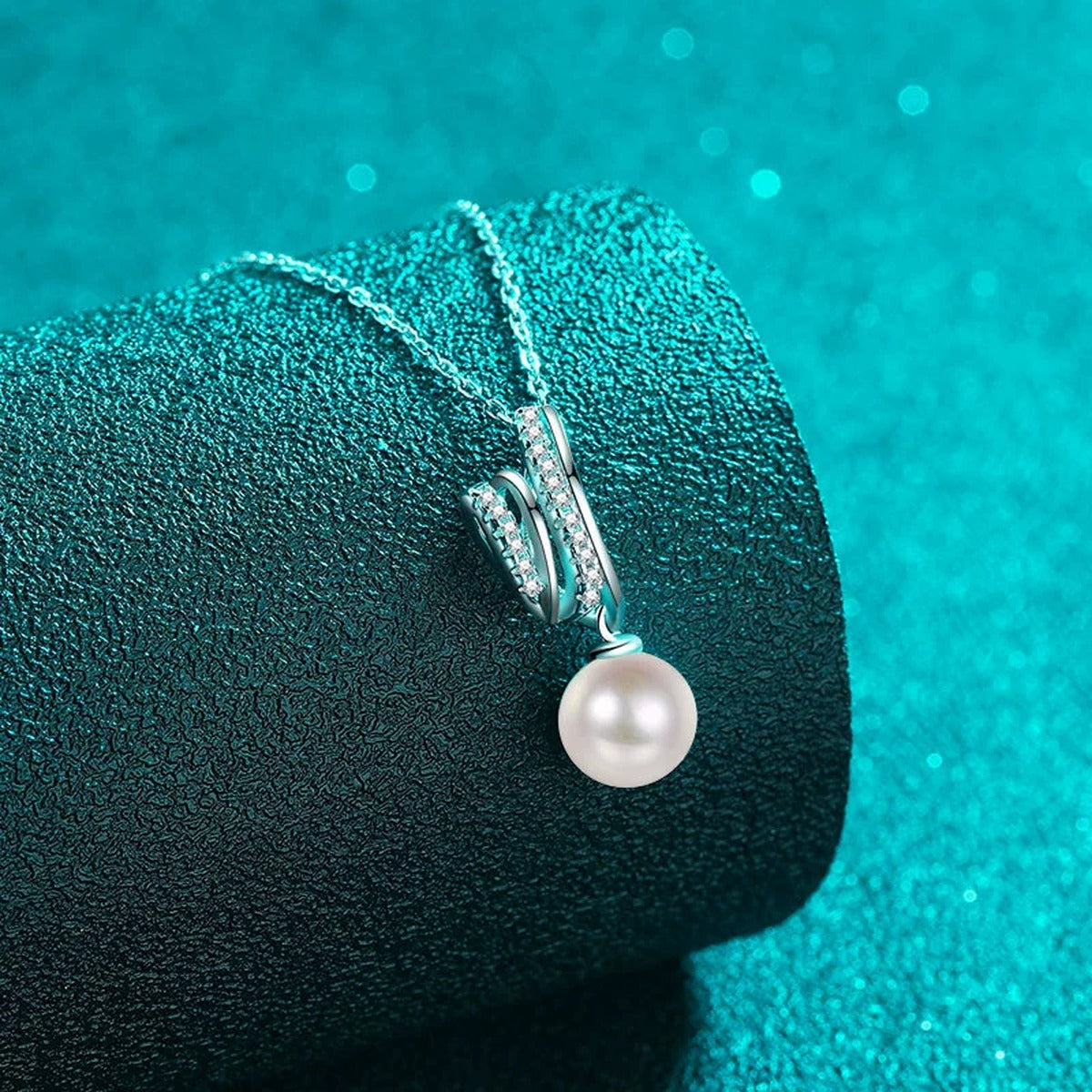 Triple Line Moissanite Pearl Pendant Necklace in Rhodium-Plated S925 sterling silver angled product detail view