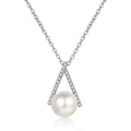 Teardrop Moissanite Pearl Pendant Necklace in Rhodium-Plated S925 sterling silver white background product photo showing teardrop pearl pendant with small round moissanite accents