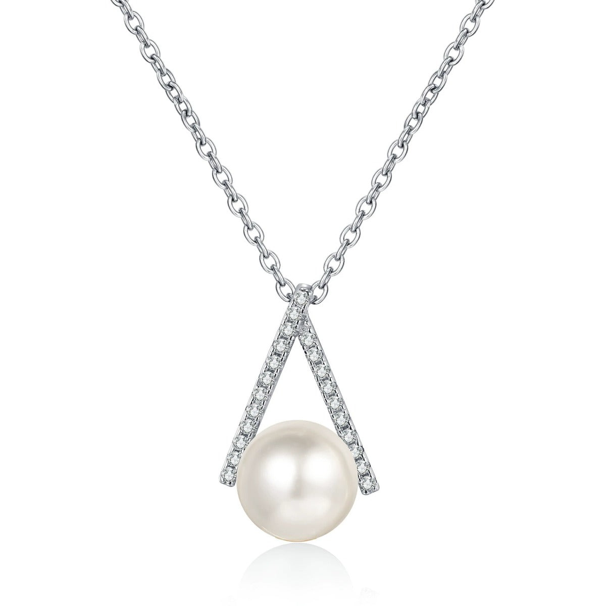 Teardrop Moissanite Pearl Pendant Necklace in Rhodium-Plated S925 sterling silver white background product photo showing teardrop pearl pendant with small round moissanite accents