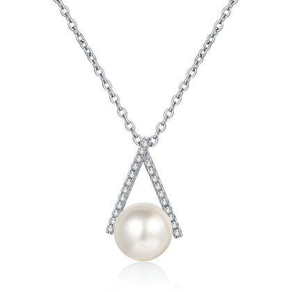 Teardrop Moissanite Pearl Pendant Necklace in Rhodium-Plated S925 sterling silver white background product photo showing teardrop pearl pendant with small round moissanite accents