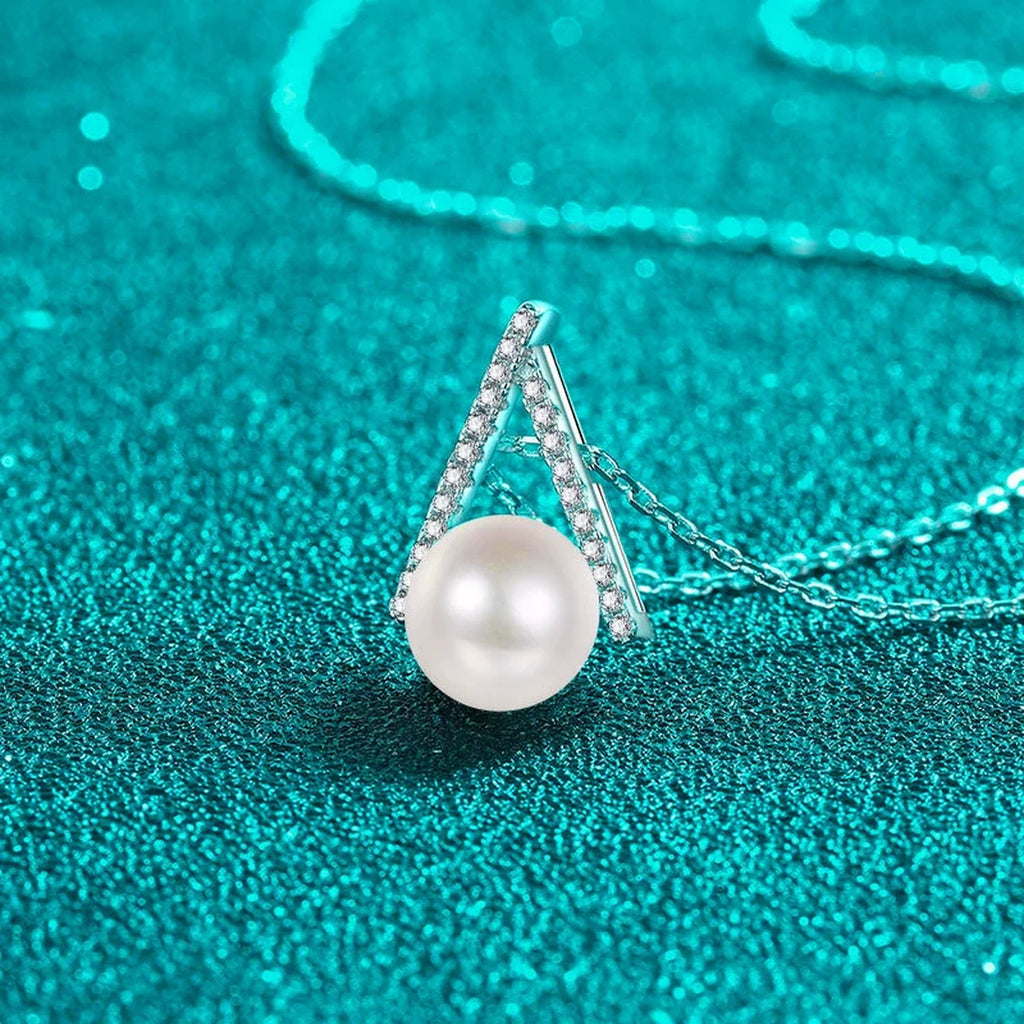 Teardrop Moissanite Pearl Pendant Necklace in Rhodium-Plated S925 sterling silver close-up product scene showing pendant setting