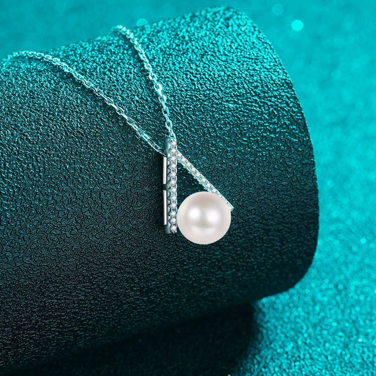 Teardrop Moissanite Pearl Pendant Necklace in Rhodium-Plated S925 sterling silver angled product detail view