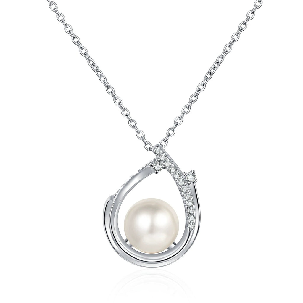 Open Teardrop Moissanite Pearl Necklace in Rhodium-Plated S925 sterling silver white background product photo showing open teardrop pearl pendant with round moissanite detail