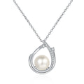 Open Teardrop Moissanite Pearl Necklace in Rhodium-Plated S925 sterling silver white background product photo showing open teardrop pearl pendant with round moissanite detail