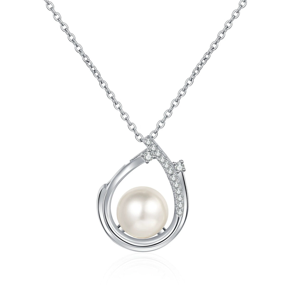 Open Teardrop Moissanite Pearl Necklace in Rhodium-Plated S925 sterling silver white background product photo showing open teardrop pearl pendant with round moissanite detail