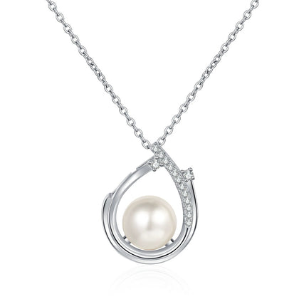 Open Teardrop Moissanite Pearl Necklace in Rhodium-Plated S925 sterling silver white background product photo showing open teardrop pearl pendant with round moissanite detail