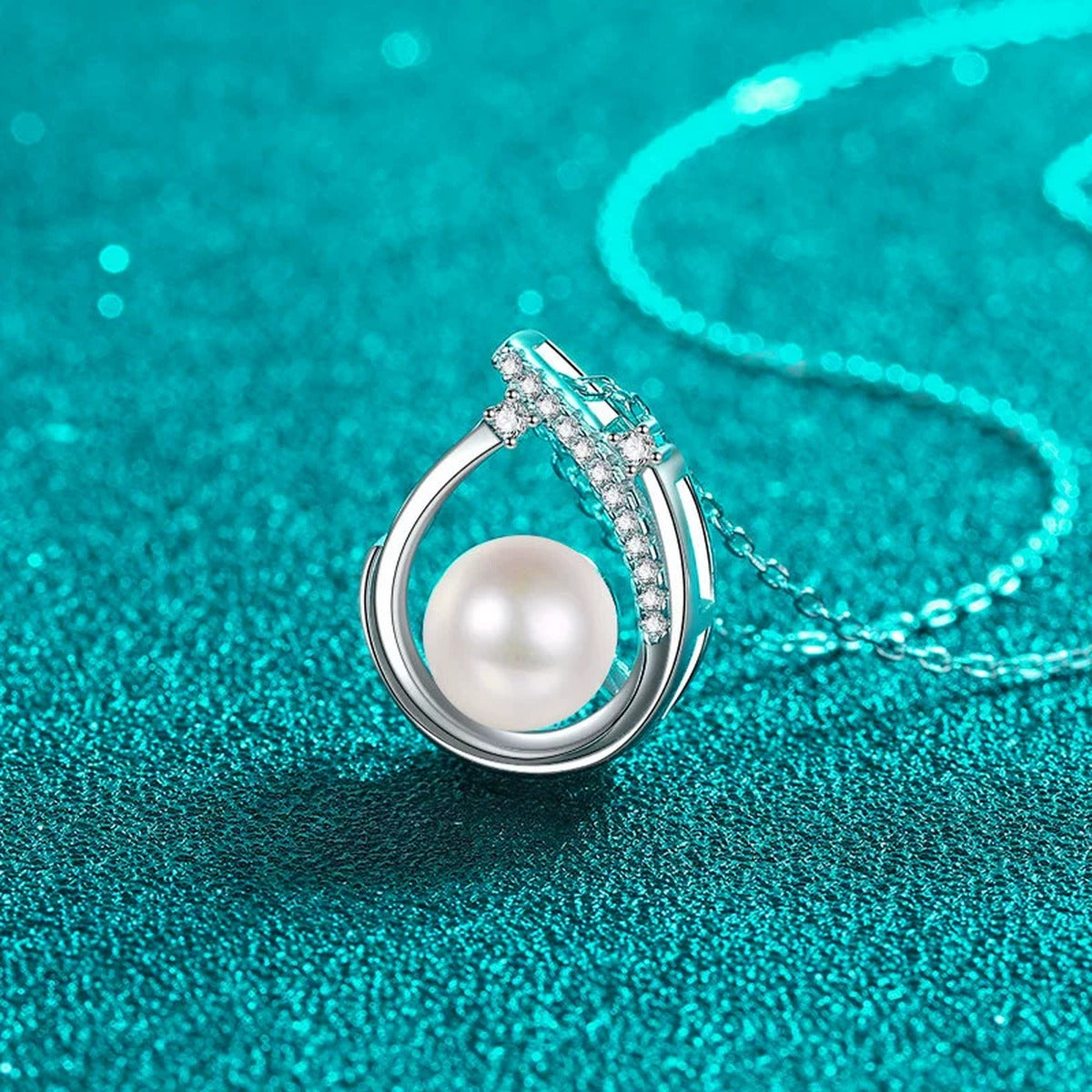 Open Teardrop Moissanite Pearl Necklace in Rhodium-Plated S925 sterling silver close-up product scene showing pendant setting